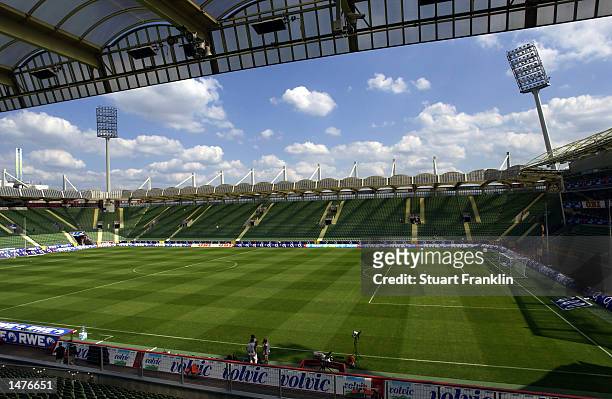 General view of the BayArena stadium taken on August 17, 2002 before the Bundesliga match between Bayer Leverkusen and Borussia Dortmund in...
