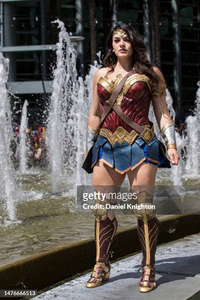 Cosplayer Ramona Miranda Langer as Wonder Woman poses at Day 2 of WonderCon 2023 at Anaheim Convention Center on March 25, 2023 in Anaheim,...