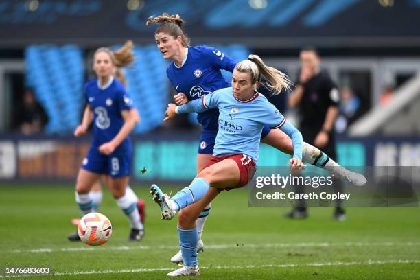 Maren Mjelde of Chelsea battles for possession with Lauren Hemp of Manchester City during the FA Women's Super League match between Manchester City...