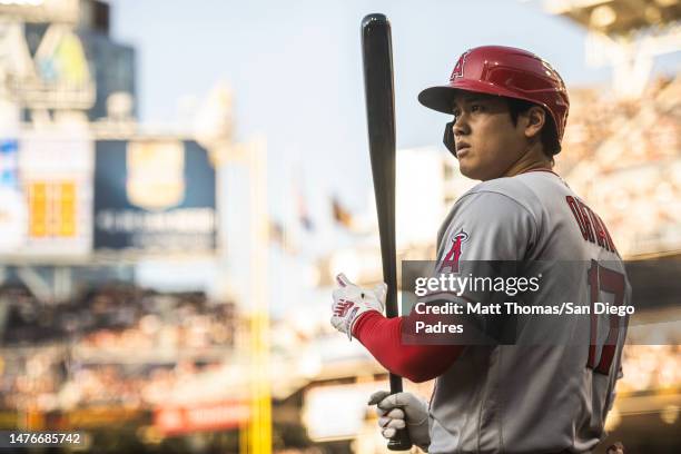 Shohei Ohtani of the Los Angeles Angels stands on-deck in the first inning against the San Diego Padres on July 3, 2023 at Petco Park in San Diego,...