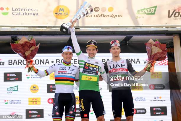 Remco Evenepoel of Belgium and Team Soudal Quick-Step on second place, race winner Primoz Roglic of Slovenia and Team Jumbo-Visma Green leader jersey...