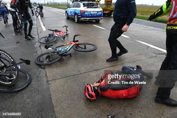 Michał Kwiatkowski of Poland and Team INEOS Grenadiers after being involved in a crash during the 85th Gent-Wevelgem in Flanders Fields 2023, Men's...