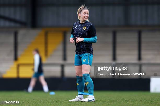 Laura Cooper of Wolverhampton Wanderers warms up ahead of the Birmingham County Cup Semi-Final match between Wolverhampton Wanderers Women and West...