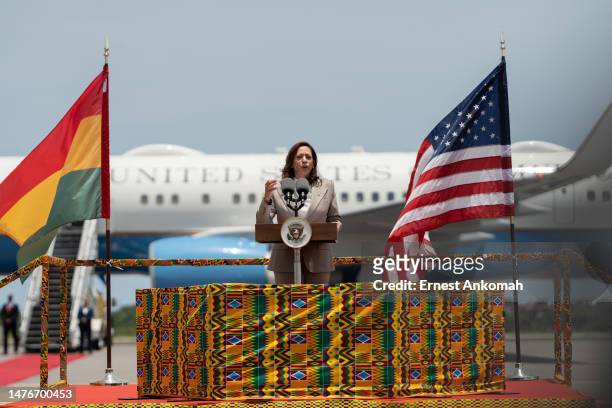 Vice President Kamala Harris delivers a speech at the Kotoka International Airport on March 26, 2023 in Accra, Ghana. Vice President Harris is...