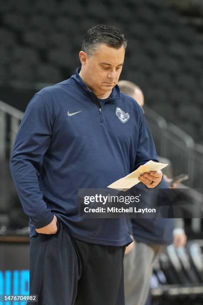 Head coach Sean Miller of the Xavier Musketeers looks on during practice day prior to Midwest NCAA Regional at T-Mobile Arena on March 23, 2023 in...