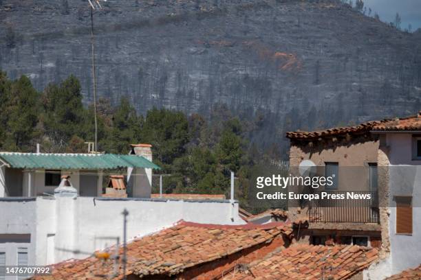 Fire progress, on the hillside, of the forest fire, on 26 March, 2023 in Fuente de la Reina, Castellon, Community of Valencia, Spain. The perimeter...