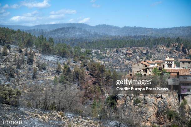 Burnt area of the forest fire, on 26 March, 2023 in Fuente de la Reina, Castellon, Community of Valencia, Spain. The perimeter of the fire declared...