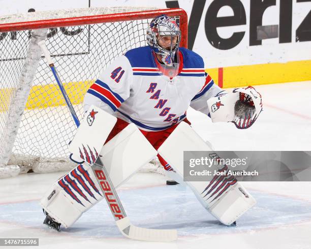 Goaltender Jaroslav Halak of the New York Rangers warms up prior to the game against the Florida Panthers at the FLA Live Arena on March 25, 2023 in...