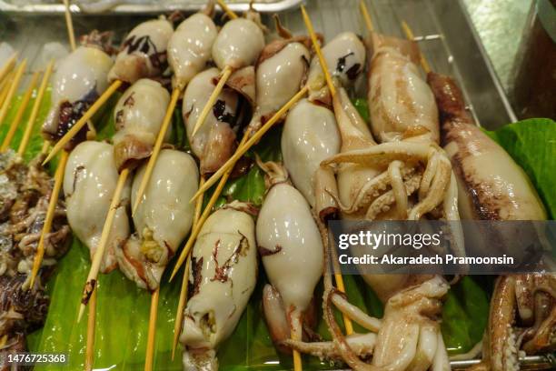 fresh squid with a skewer for toasting - giant octopus stock pictures, royalty-free photos & images