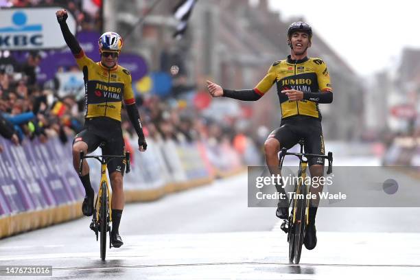 Wout Van Aert of Belgium and race winner Christophe Laporte of France and Team Jumbo-Visma celebrate at finish line as race winner during the 85th...