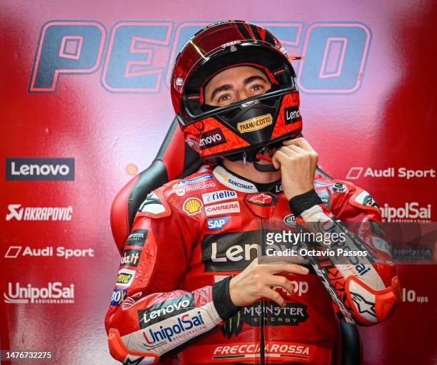 Francesco Bagnaia of Italy waits for the start during the Moto GP of Portugal Race at Autodromo Internacional do Algarve on March 26, 2023 in...