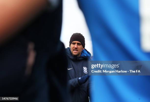 Darren Carter, Manager of Birmingham City speaks to their side after the Barclays FA Women's Championship match between Coventry United Ladies and...