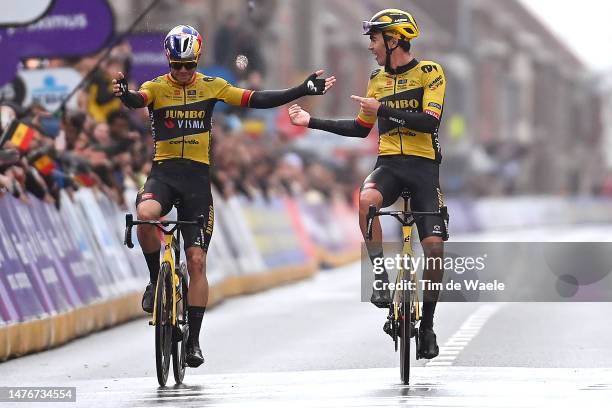 Christophe Laporte of France and Team Jumbo-Visma celebrates at finish line as race winner dedicating the victory to his teammate Wout Van Aert of...