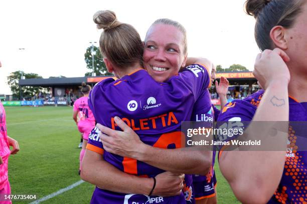 Kim Carroll of the Glory hugs Isabella Foletta of the Glory after the win during the round 19 A-League Women's match between Perth Glory and...