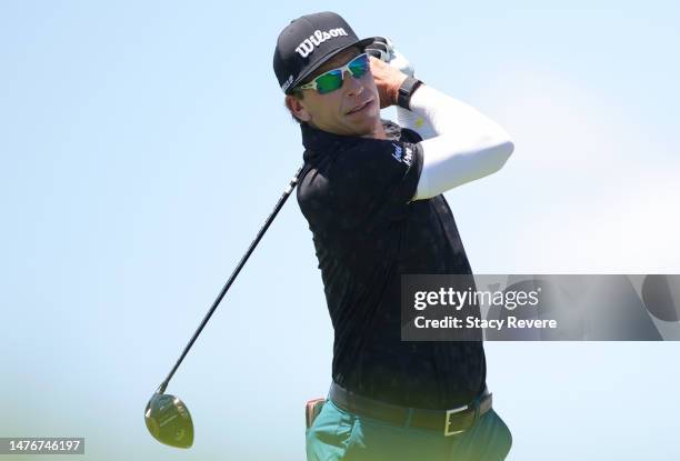 Ricky Barnes of the United States plays his shot from the first tee during the final round of the Corales Puntacana Championship at Puntacana Resort...