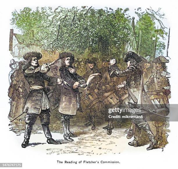 old engraving illustration of the reading of fletcher's commissions - colony stock pictures, royalty-free photos & images