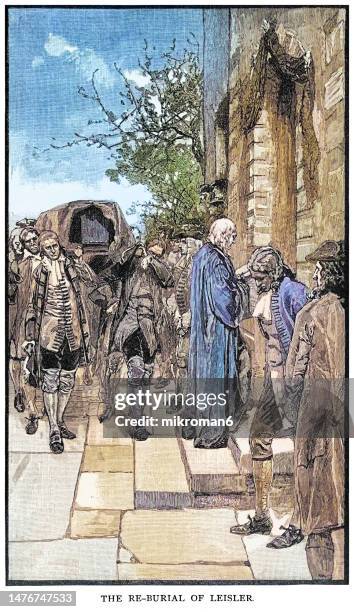 old engraved illustration of depiction of re-burial of leisler - bad politician stock pictures, royalty-free photos & images