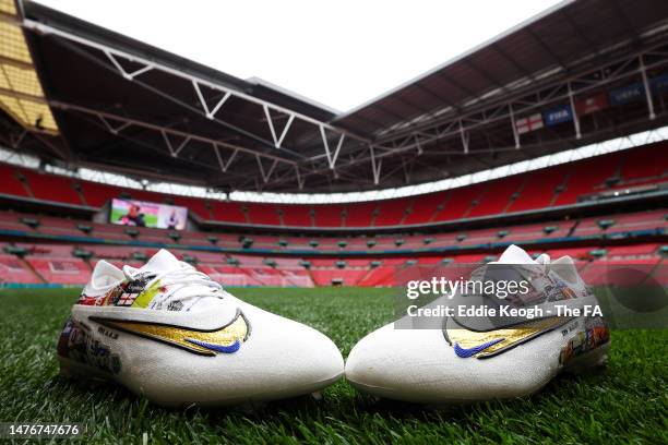 Detailed view of the new Nike boots of Harry Kane of England, to mark becoming England's All Time Leading Goalscorer, are seen on the pitch prior to...