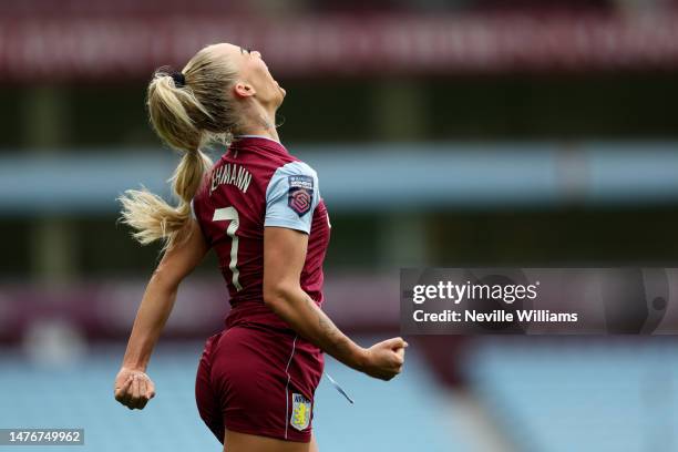 Alisha Lehmann of Aston Villa scores her first goal for Aston Villa during the FA Women's Super League match between Aston Villa and Leicester City...