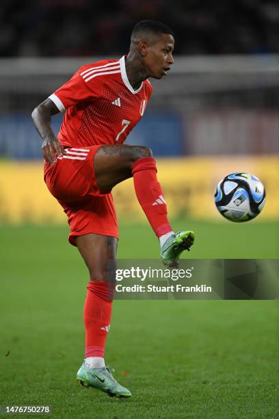 Andy Polo of Peru in action during an international friendly match between Germany and Peru at MEWA Arena on March 25, 2023 in Mainz, Germany.