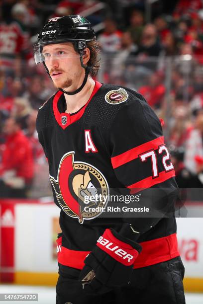 Thomas Chabot of the Ottawa Senators during the game against the New Jersey Devils at the Prudential Center on March 25, 2023 in Newark, New Jersey.