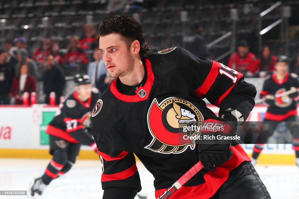 Batherson Drake Batherson of the Ottawa Senators warms up prior to the game ...
