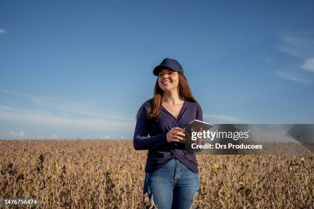 agricultora fêmea verificando soja - campo - fotografias e filmes do acervo