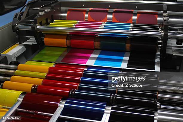 offset printing press cmyk ink rollers - cmyk stock pictures, royalty-free photos & images