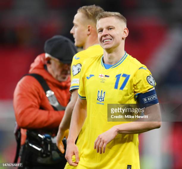 Oleksandr Zinchenko of Ukraine reacts following defeat after the UEFA EURO 2024 qualifying round group C match between England and Ukraine at Wembley...