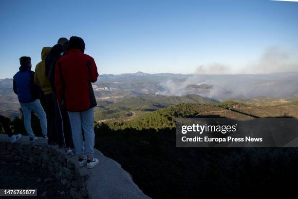 View of the fire from the peak of Santa Barbara, on 26 March, 2023 in Castellon, Community of Valencia, Spain. The perimeter of the fire declared...