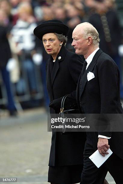 Prince Richard and Princess Benedikte zu Sayn-Wittgenstein-Berleburg walk to the Nieuwe kerk church for the funeral ceremony of Prince Claus of the...