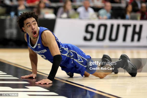 Ryan Nembhard of the Creighton Bluejays reacts after being called for a foul against the San Diego State Aztecs during the first half in the Elite...