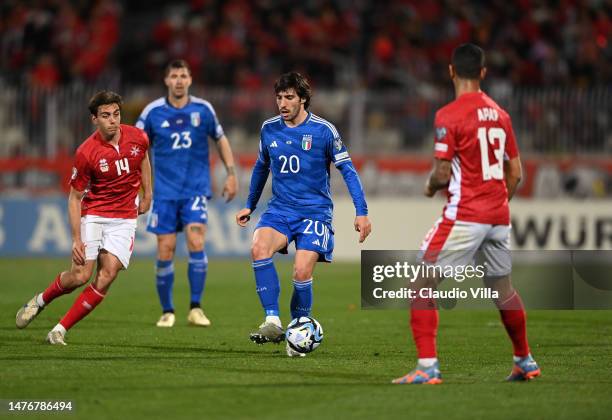 Sandro Tonali of Italy in action during the UEFA EURO 2024 qualifying round group C match between Italy and England at Stadio Diego Armando Maradona...