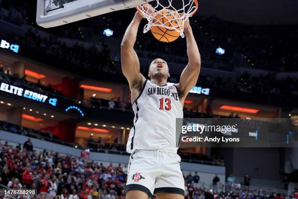 Jaedon LeDee of the San Diego State Aztecs dunks the ball against the Creighton Bluejays during the first half in the Elite Eight round of the NCAA...
