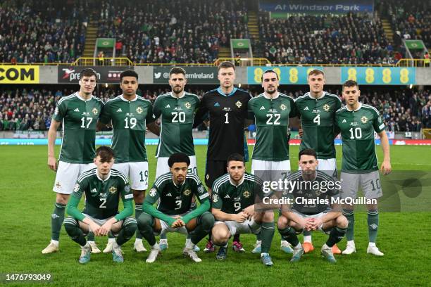 Players of Northern Ireland pose for a team photograph prior to the UEFA EURO 2024 qualifying round group B match between Northern Ireland and...