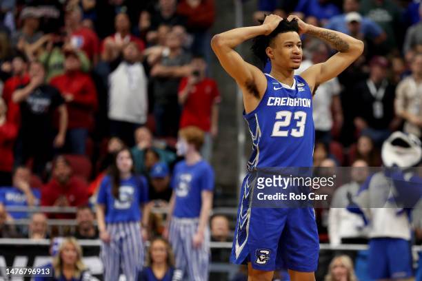 Trey Alexander of the Creighton Bluejays reacts to a foul call against the San Diego State Aztecs during the second half in the Elite Eight round of...