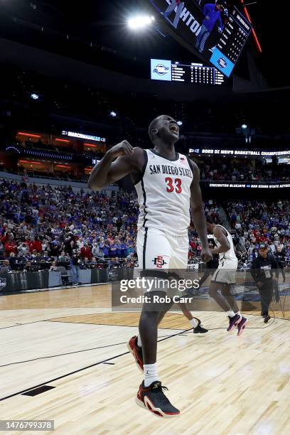 Aguek Arop of the San Diego State Aztecs celebrates after defeating the Creighton Bluejays in the Elite Eight round of the NCAA Men's Basketball...