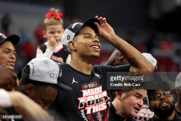 Keshad Johnson of the San Diego State Aztecs celebrates after defeating the Creighton Bluejays in the Elite Eight round of the NCAA Men's Basketball...