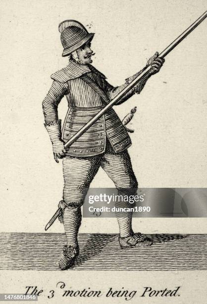 englischer soldat, pikeman, hecht wird portiert, militärgeschichte, waffen kriegsführung im 17. jahrhundert - pike position stock-grafiken, -clipart, -cartoons und -symbole