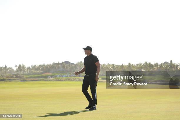 Matt Wallace of England celebrates on the 18th green after winning the Corales Puntacana Championship at Puntacana Resort & Club, Corales Golf Course...