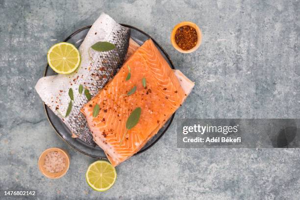 fillet of salmon slices and ingredients on gray background - fish food stock pictures, royalty-free photos & images