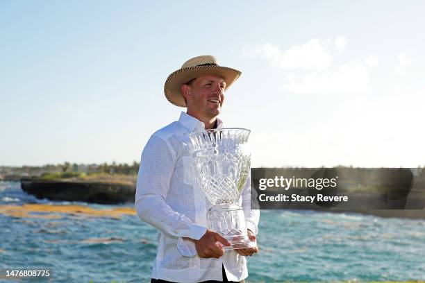 Matt Wallace of England poses with the trophy after winning the Corales Puntacana Championship at Puntacana Resort & Club, Corales Golf Course on...