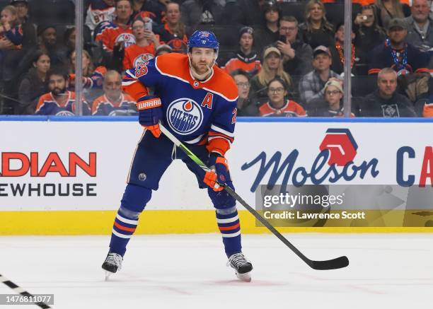 Leon Draisaitl of the Edmonton Oilers tracks the play in the third period against the San Jose Sharks on March 20, 2023 at Rogers Place in Edmonton,...