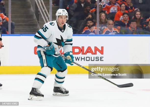 Derrick Pouliot of the San Jose Sharks skates during the third period against the Edmonton Oilers on March 20, 2023 at Rogers Place in Edmonton,...