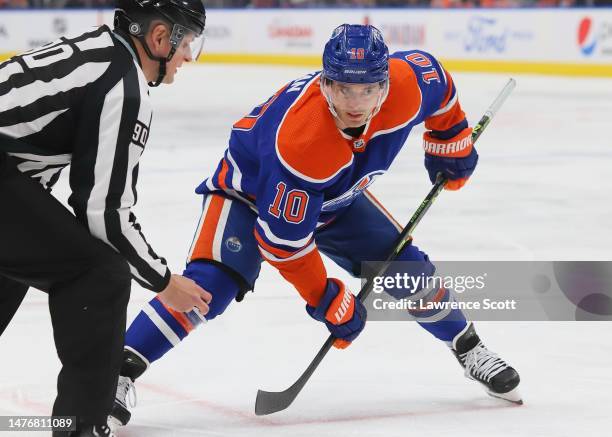Derek Ryan of the Edmonton Oilers lines up for a face off in the second period against the San Jose Sharks on March 20, 2023 at Rogers Place in...