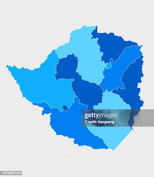ilustrações, clipart, desenhos animados e ícones de mapa azul do zimbábue altamente detalhado com regiões e fronteiras nacionais - botswana