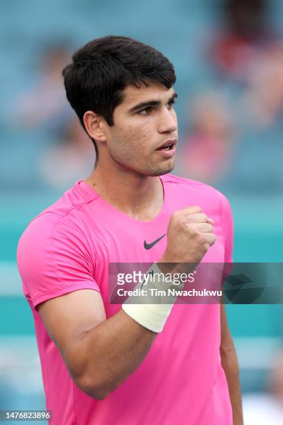 Carlos Alcaraz of Spain reacts after defeating Dusan Lajovic of Serbia during the Miami Open at Hard Rock Stadium on March 26, 2023 in Miami Gardens,...