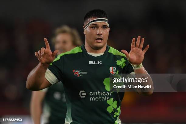 Danilo Fischetti of London Irish gestures during the Gallagher Premiership Rugby match between London Irish and Northampton Saints at Gtech Community...