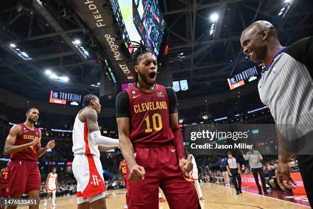 Darius Garland of the Cleveland Cavaliers celebrates during the first half against the Houston Rockets at Rocket Mortgage Fieldhouse on March 26,...