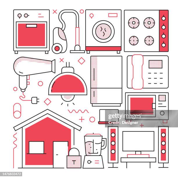 home appliances web banner with linear icons, trendy linear style vector - laundry machine stock illustrations